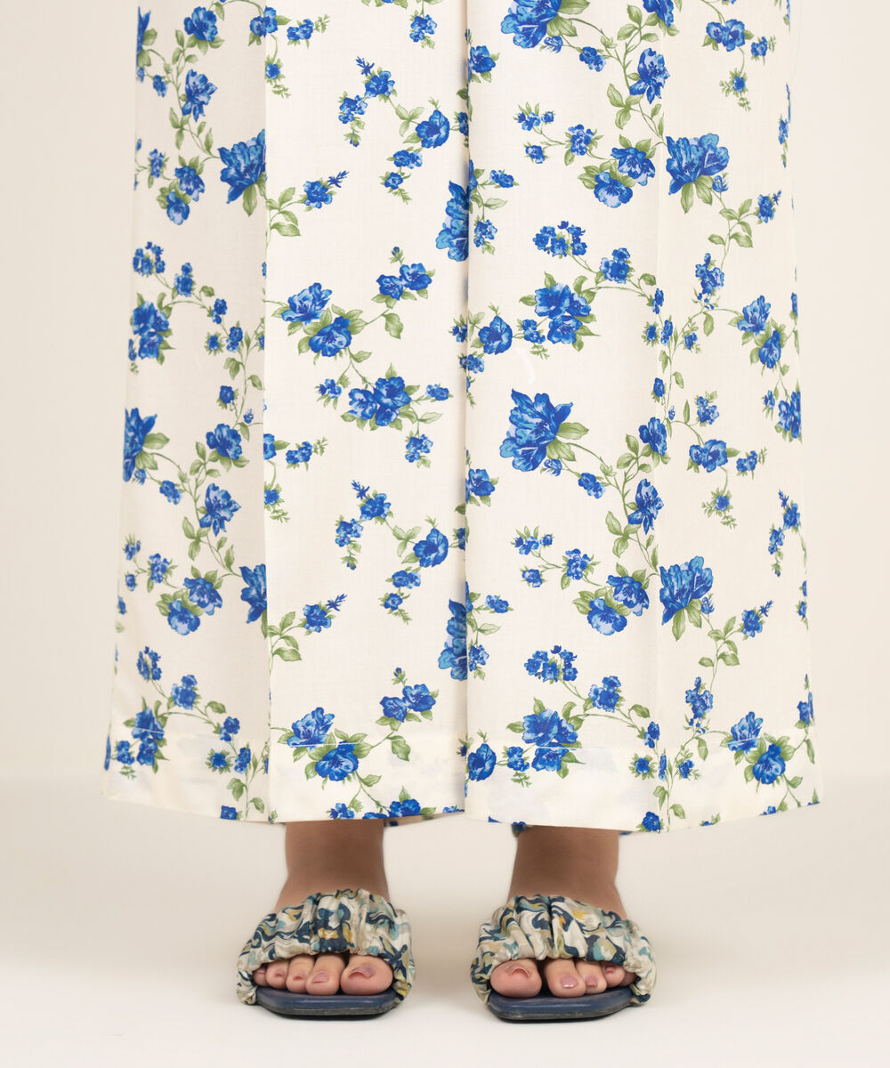 Women's RTW Arabic Cambric Printed Cream White Flared Pants