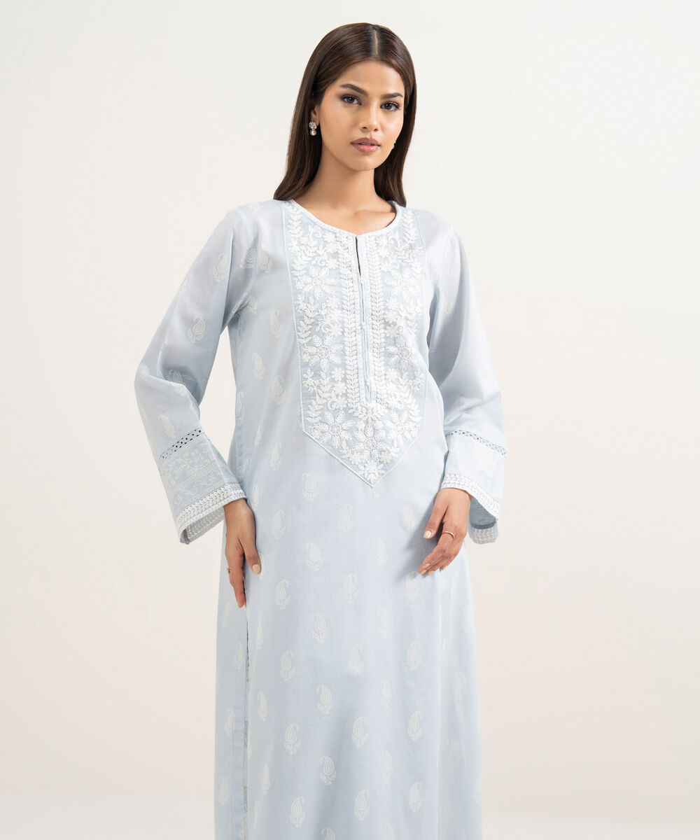 Women's RTW Lawn Embroidered Ice Blue Straight Shirt