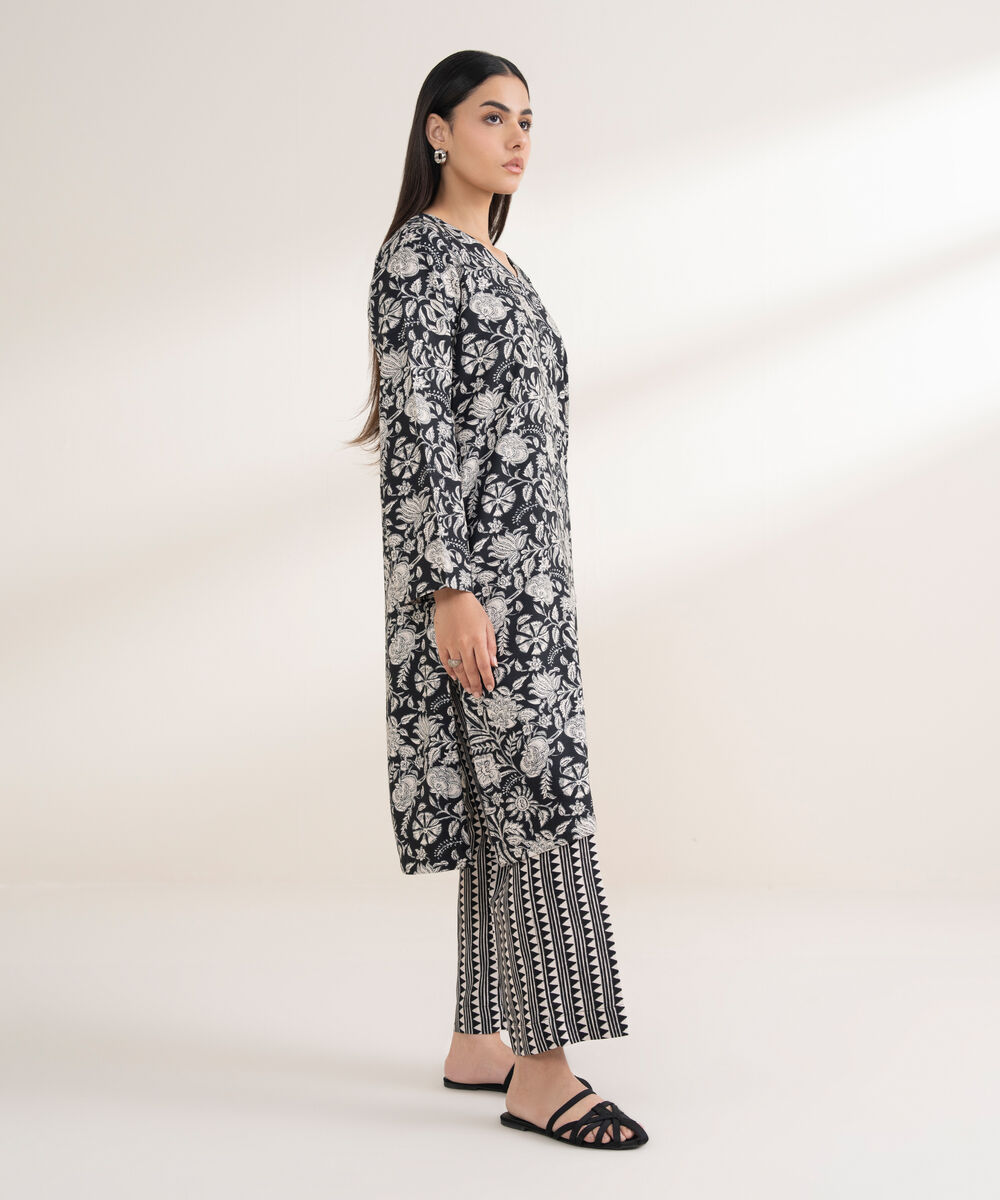 Women's RTW Arabic Khaddar Printed Straight Black Shirt