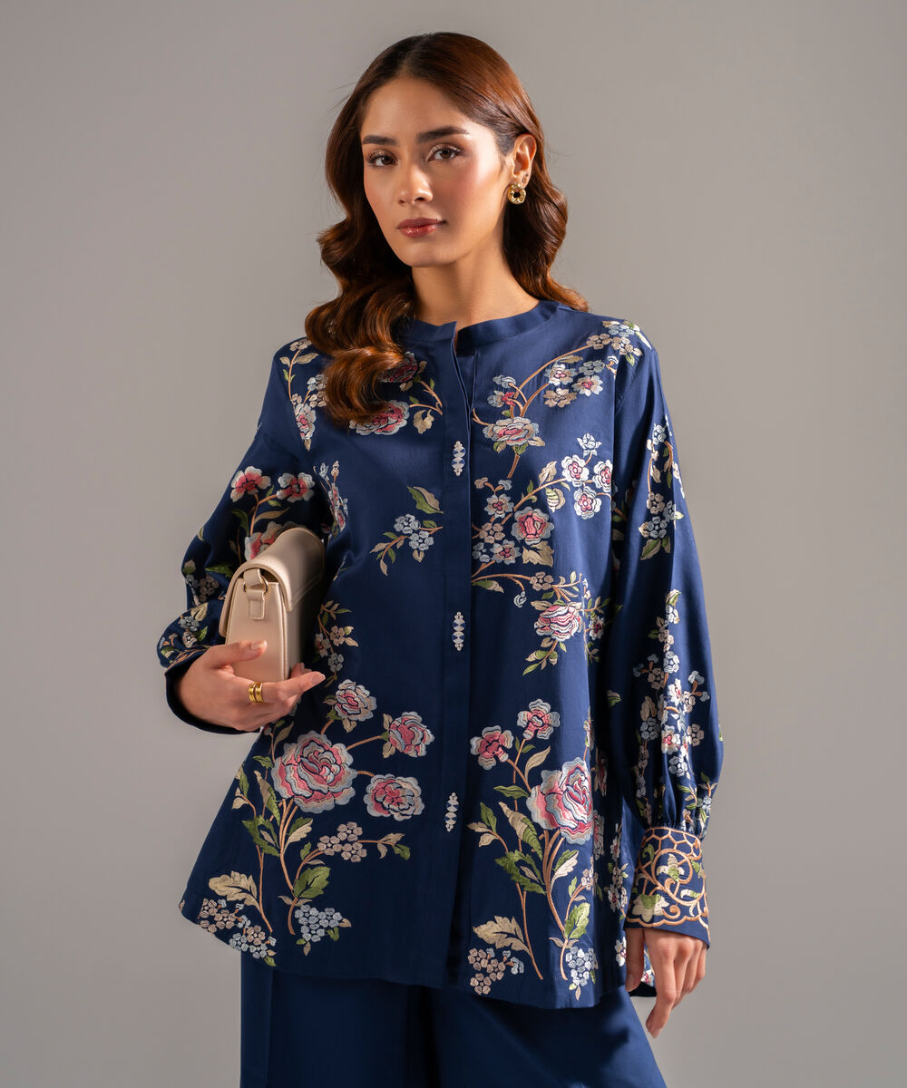 Women's RTW Cotton Satin Embroidered Dark Blue 2 Piece Suit
