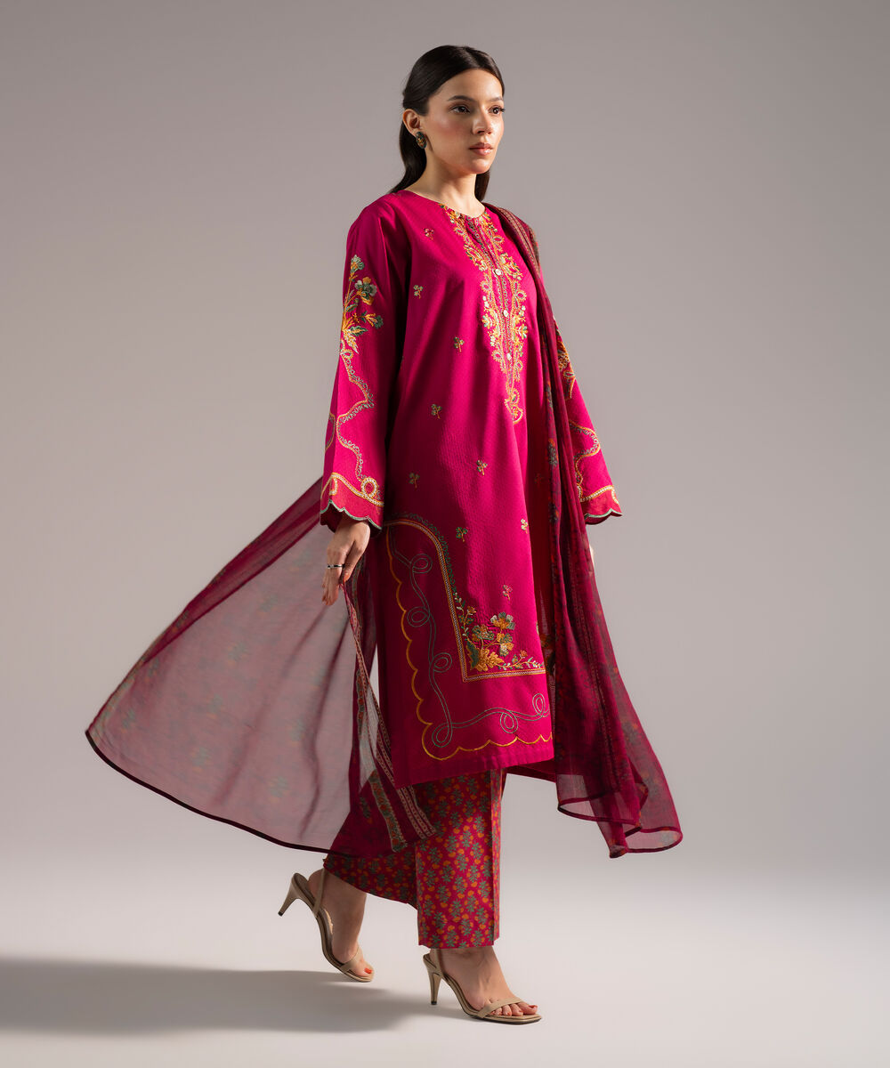 Women's RTW Dobby Embroidered Pink 3 Piece Suit