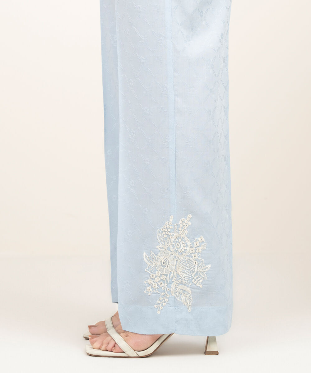 Women's RTW Arabic Self Jacquard Embroidered Blue Straight Pants