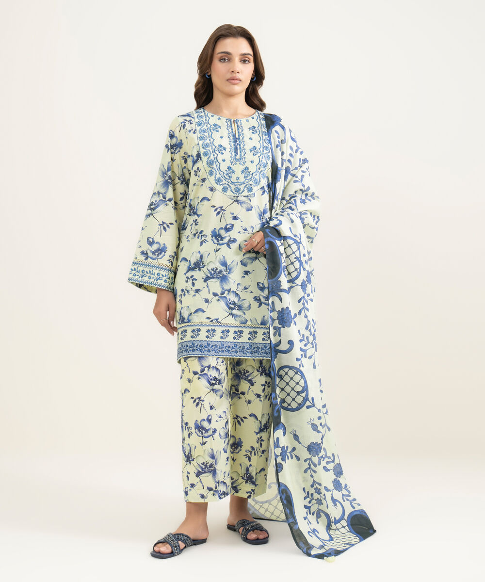 Women's RTW Slub Lawn Embroidered Beige 3 Piece Suit