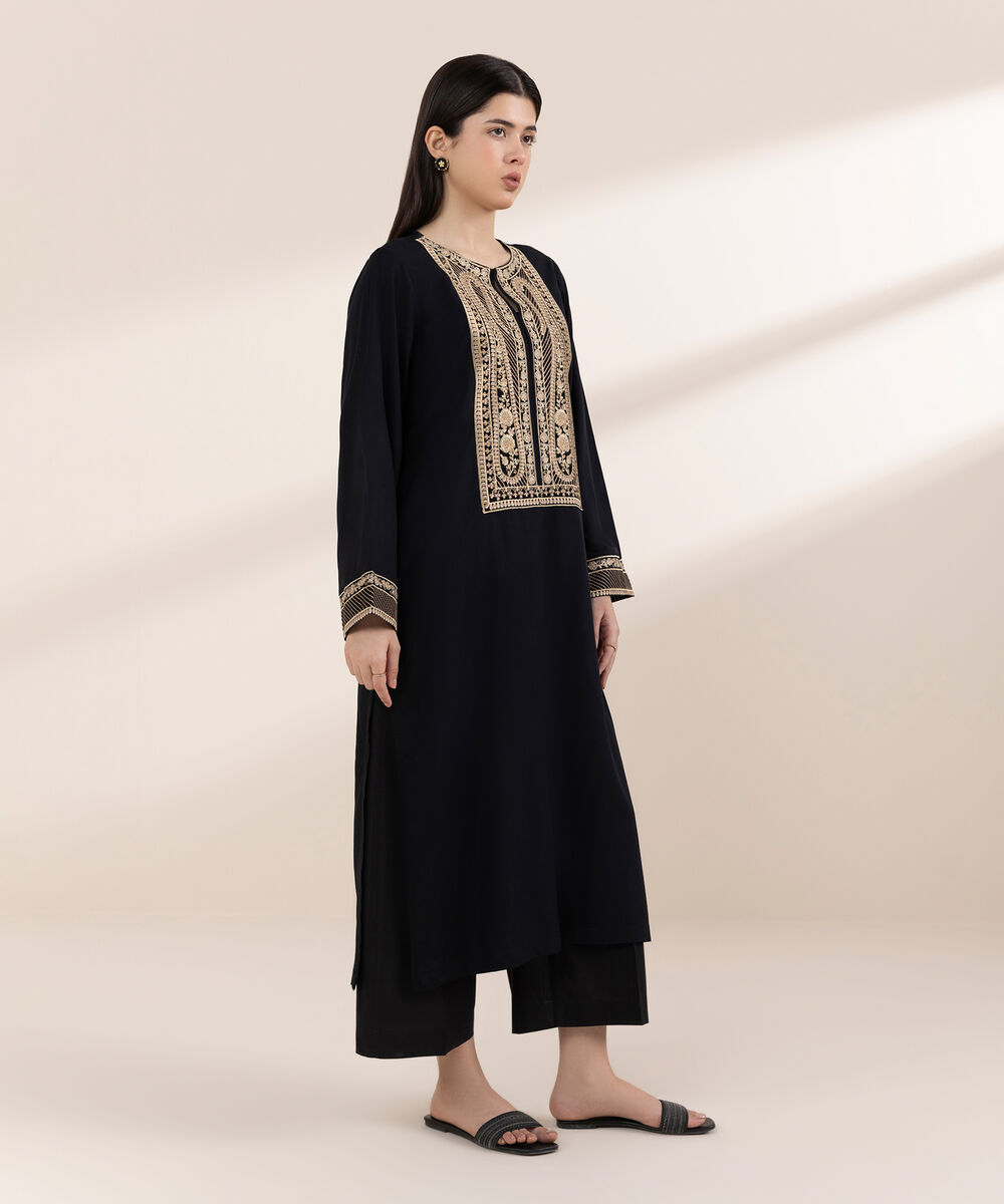 Women's RTW Arabic Lawn Black Embroidered A-Line Shirt