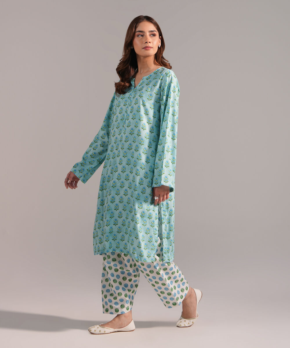 Women's RTW Arabic Lawn Printed Blue Straight Shirt