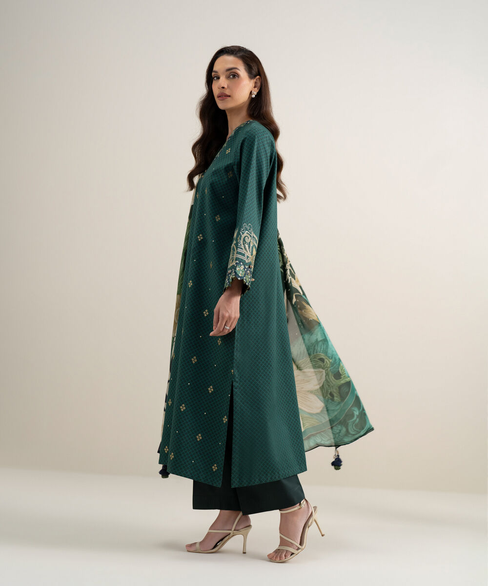 Women's Unstitched Dobby Embroidered Green 3 Piece Suit