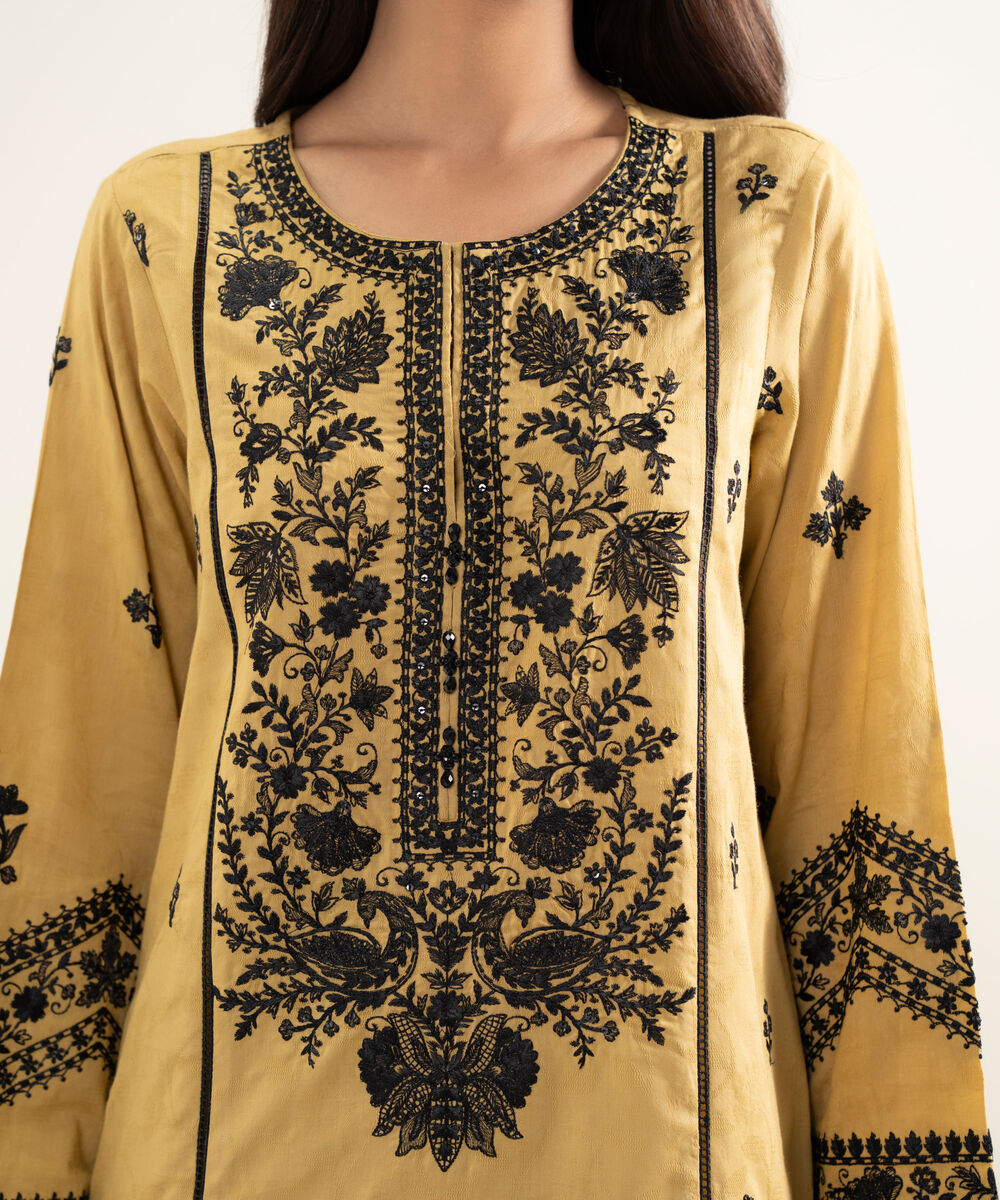Women's RTW Self Jacquard Embroidered Yellow A-Line Shirt