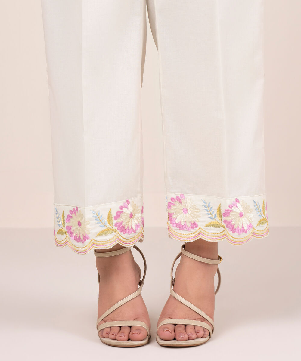 Women's RTW Cambric Embroidered White Straight Pants
