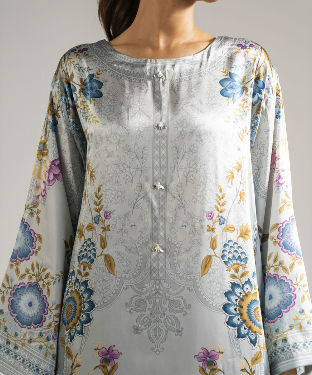 Women's RTW Blended Satin Printed Grey 3 Piece Suit
