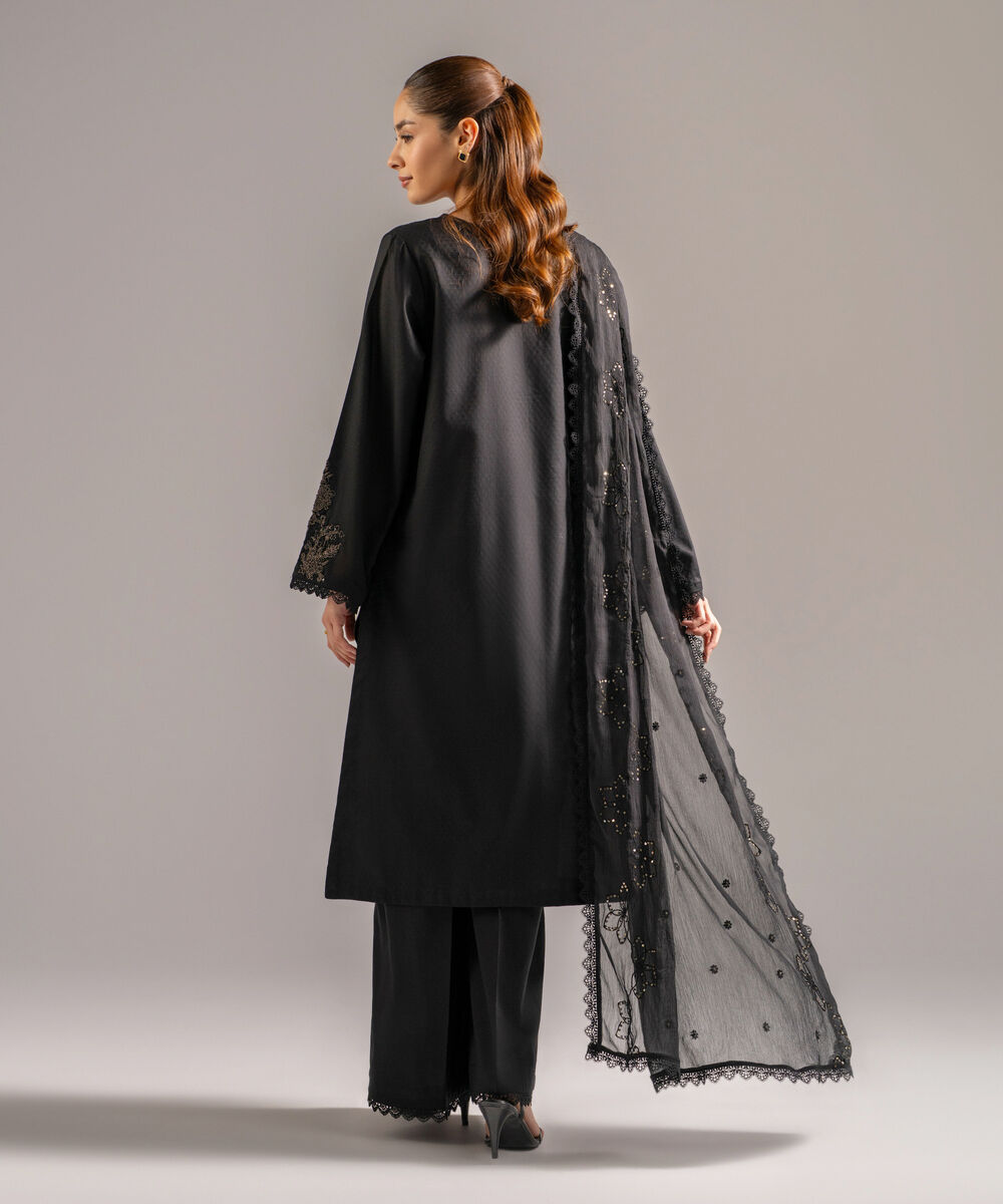 Women's RTW Dobby Embroidered Black 3 Piece Suit