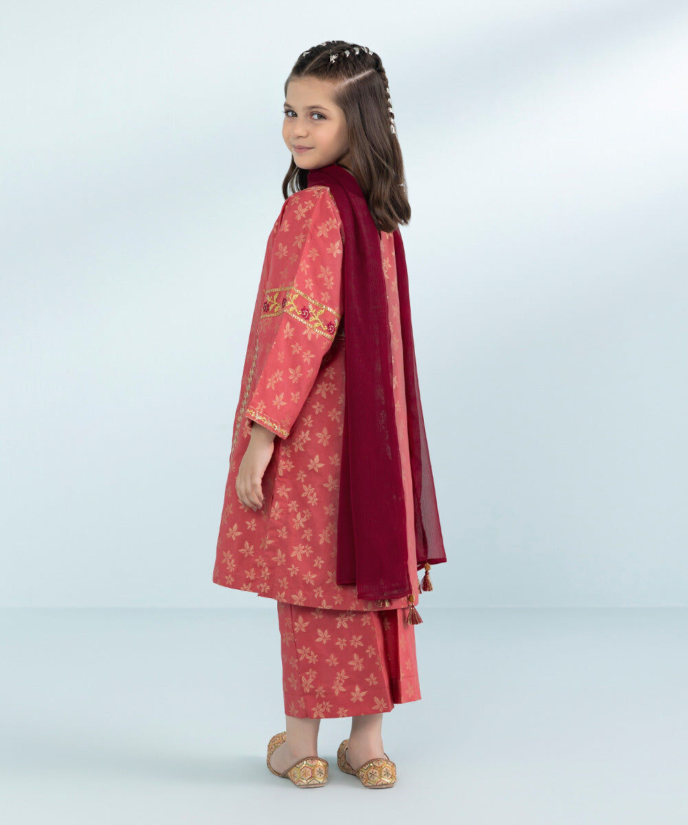 Girls 3 Piece Dyed Embroidered Jacquard Suit in Pink