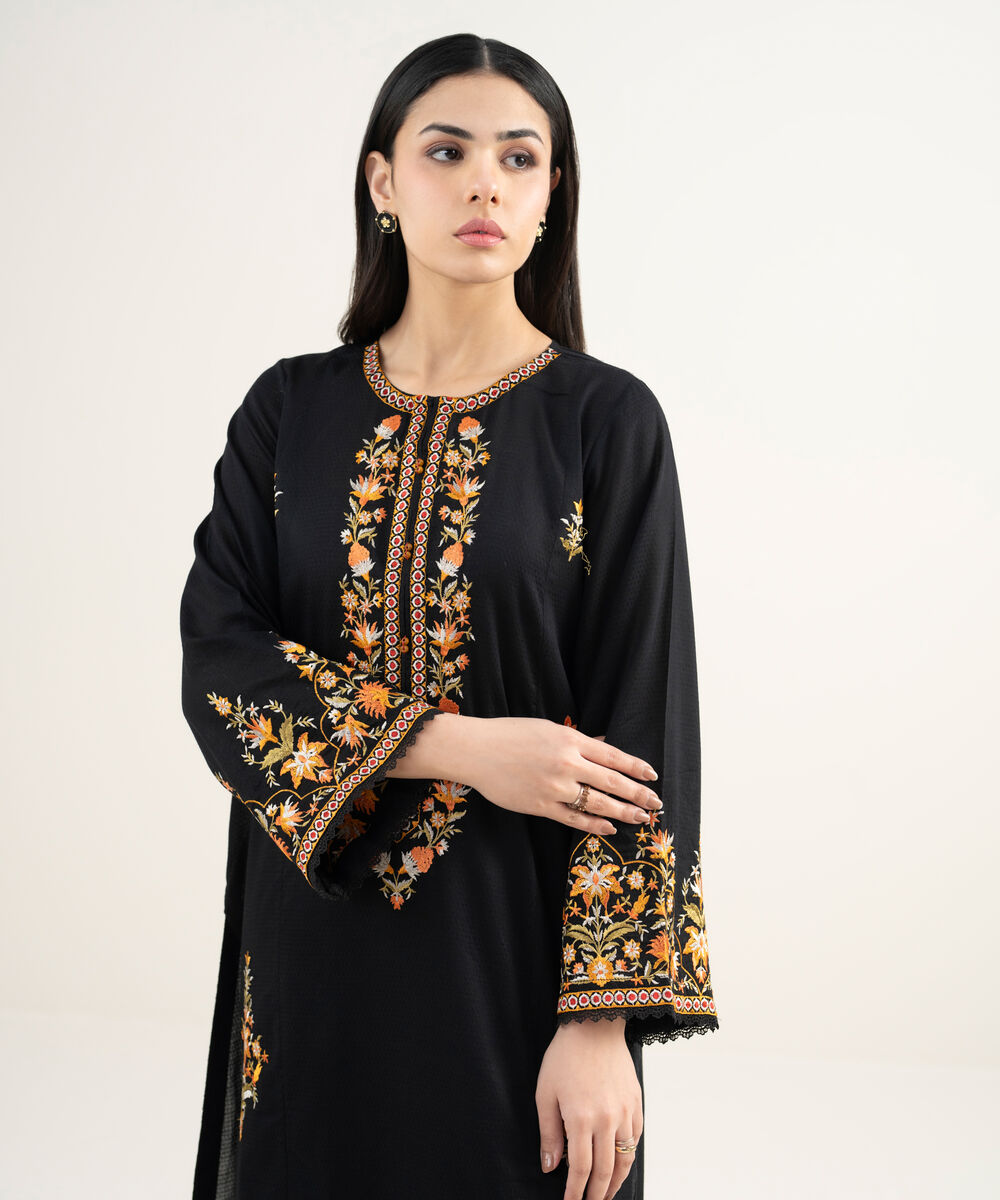Women's RTW Dobby Embroidered Black A-Line Shirt