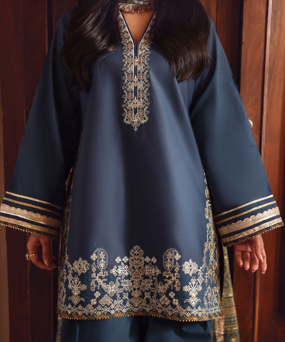 Women's Unstitched Textured Lawn Embroidered Blue 3 Piece Suit