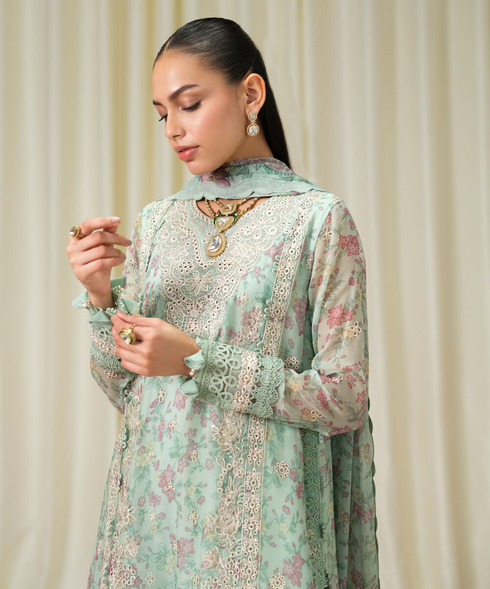 Women's Unstitched Blended Chiffon Embroidered Blue 3 Piece Suit