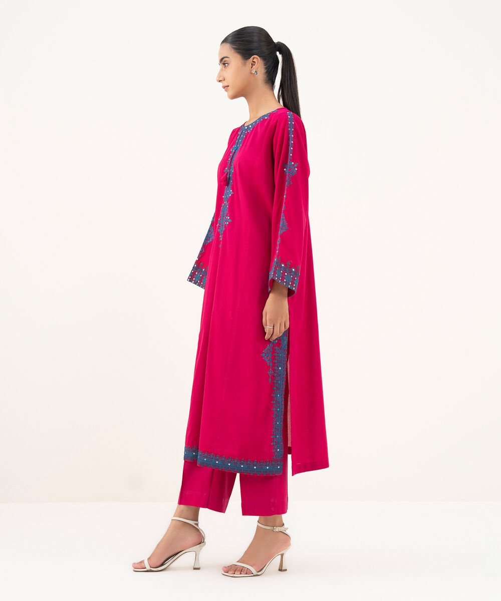 Women's RTW Textured Lawn Pink Embroidered A-Line Shirt