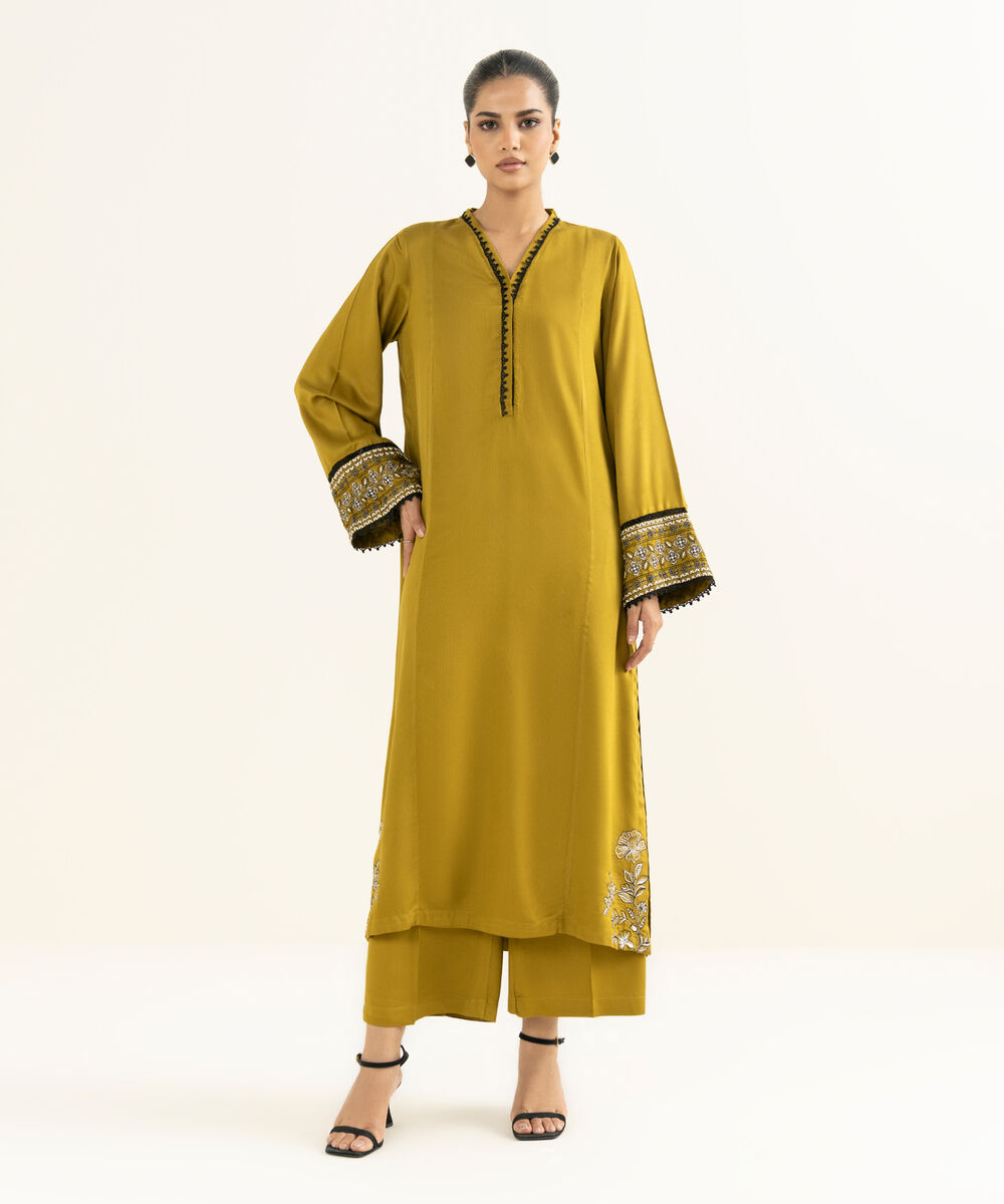 Women's RTW Bedford  Embroidered Olive Green Straight 2 Piece Suit