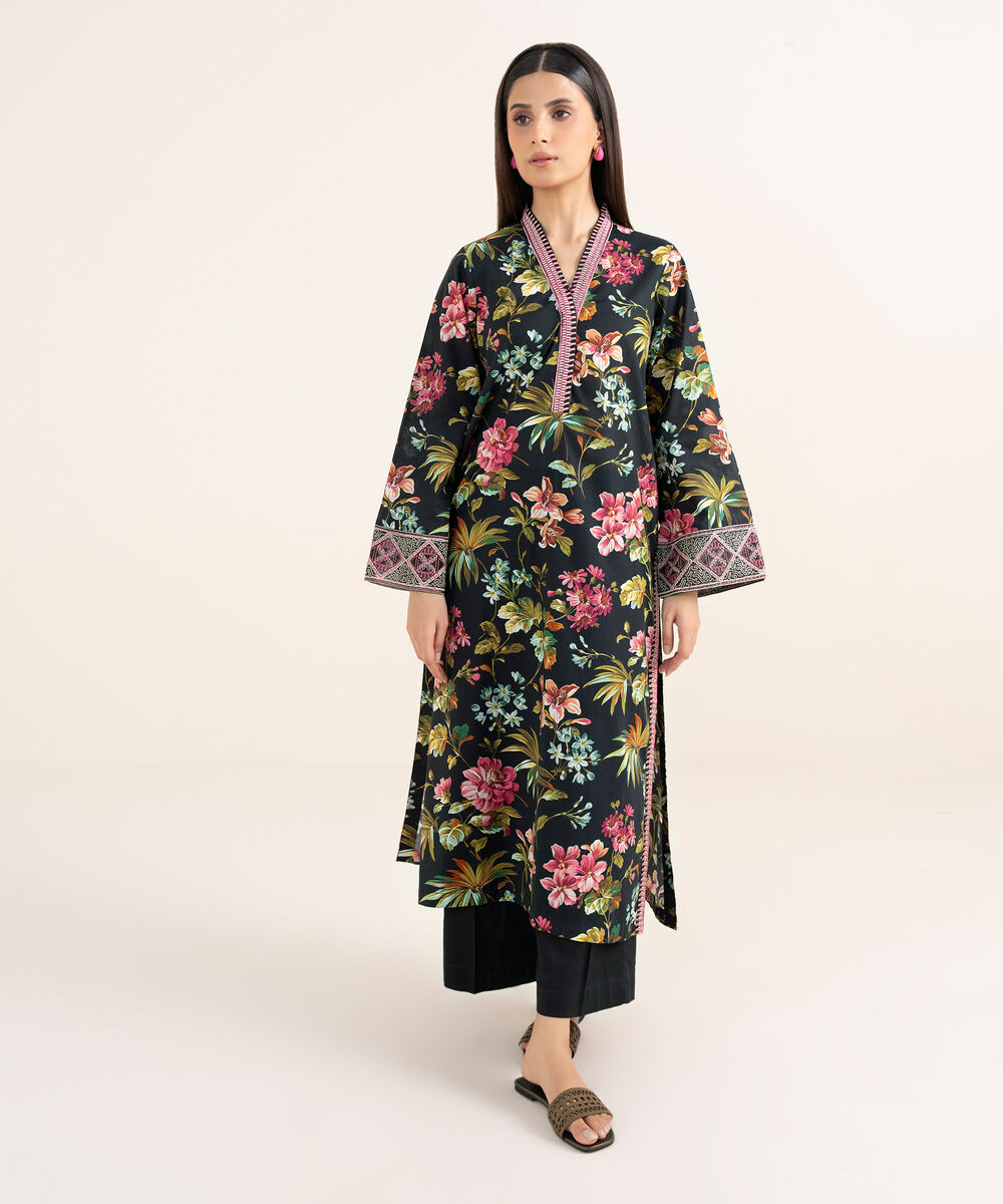 Women's RTW Textured Lawn Black Embroidered Straight Shirt
