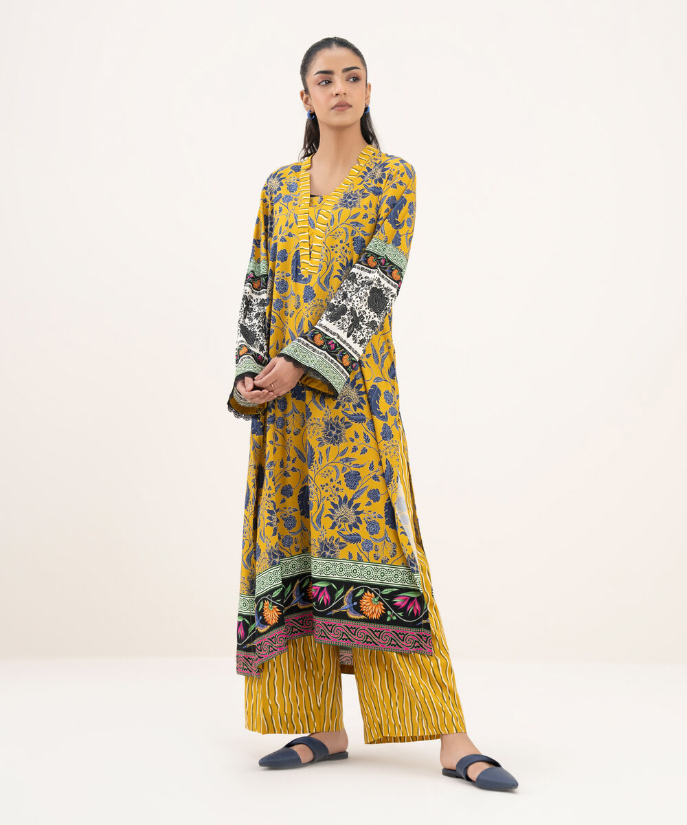 Women's RTW Viscose Linen Printed A-Line Mustard Shirt