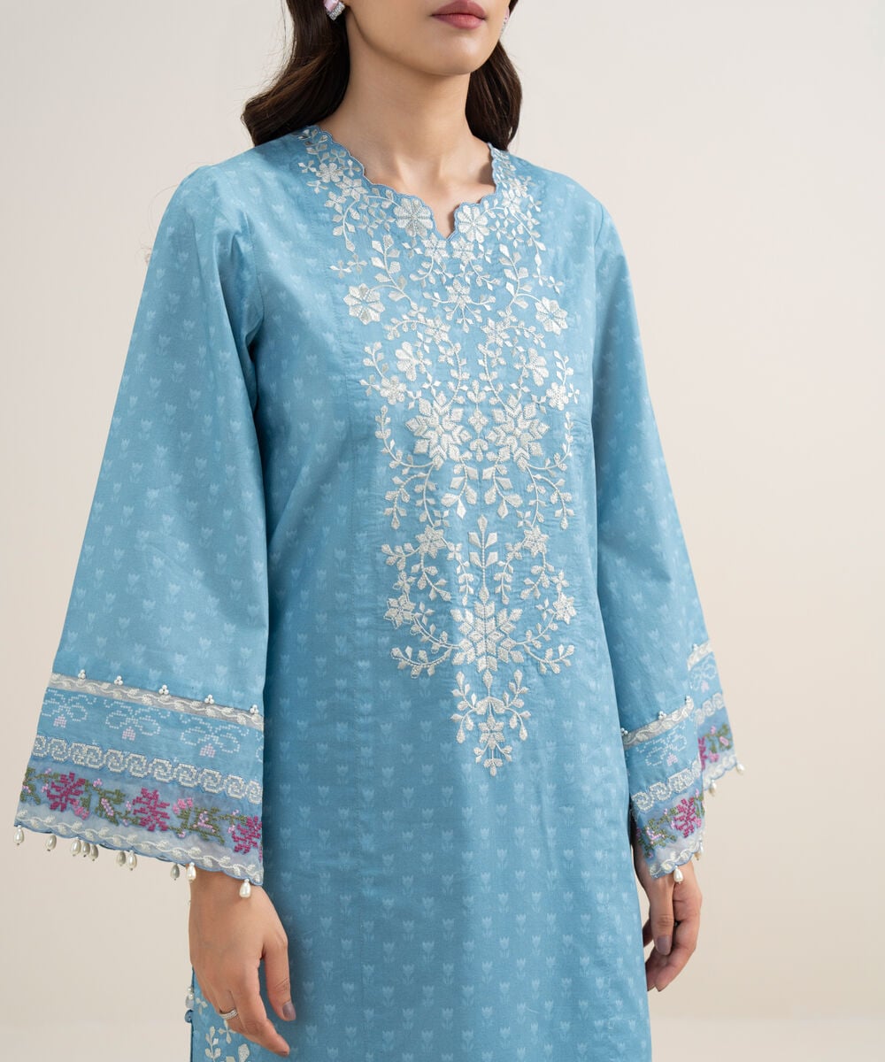 Women's Unstitched Lawn Embroidered Ice Blue 3 Piece Suit