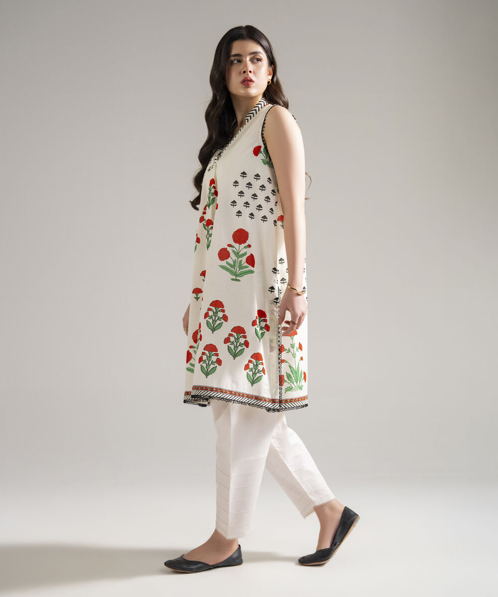 Women's RTW Slub Lawn Printed White Straight Shirt