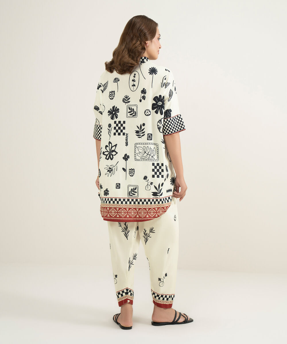 Women's RTW Cotton Viscose Printed Off White Drop Shoulder Shirt