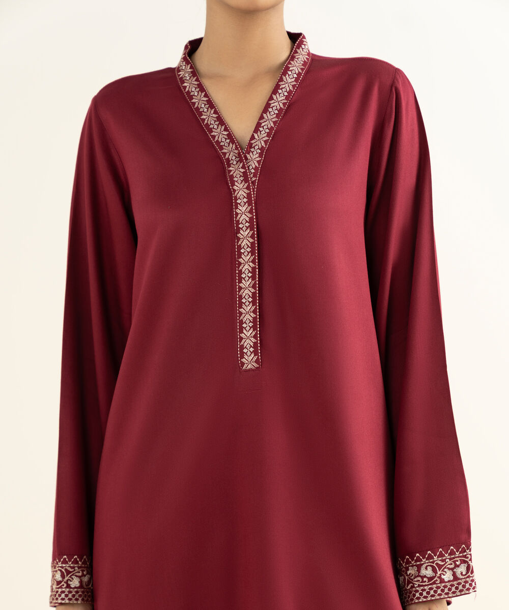 Women's RTW Linen Viscose Embroidered Maroon Straight Shirt