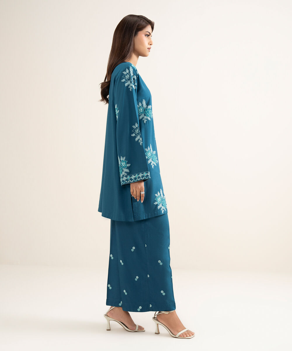 Women's RTW Cotton Viscose Embroidered Blue Straight Shirt