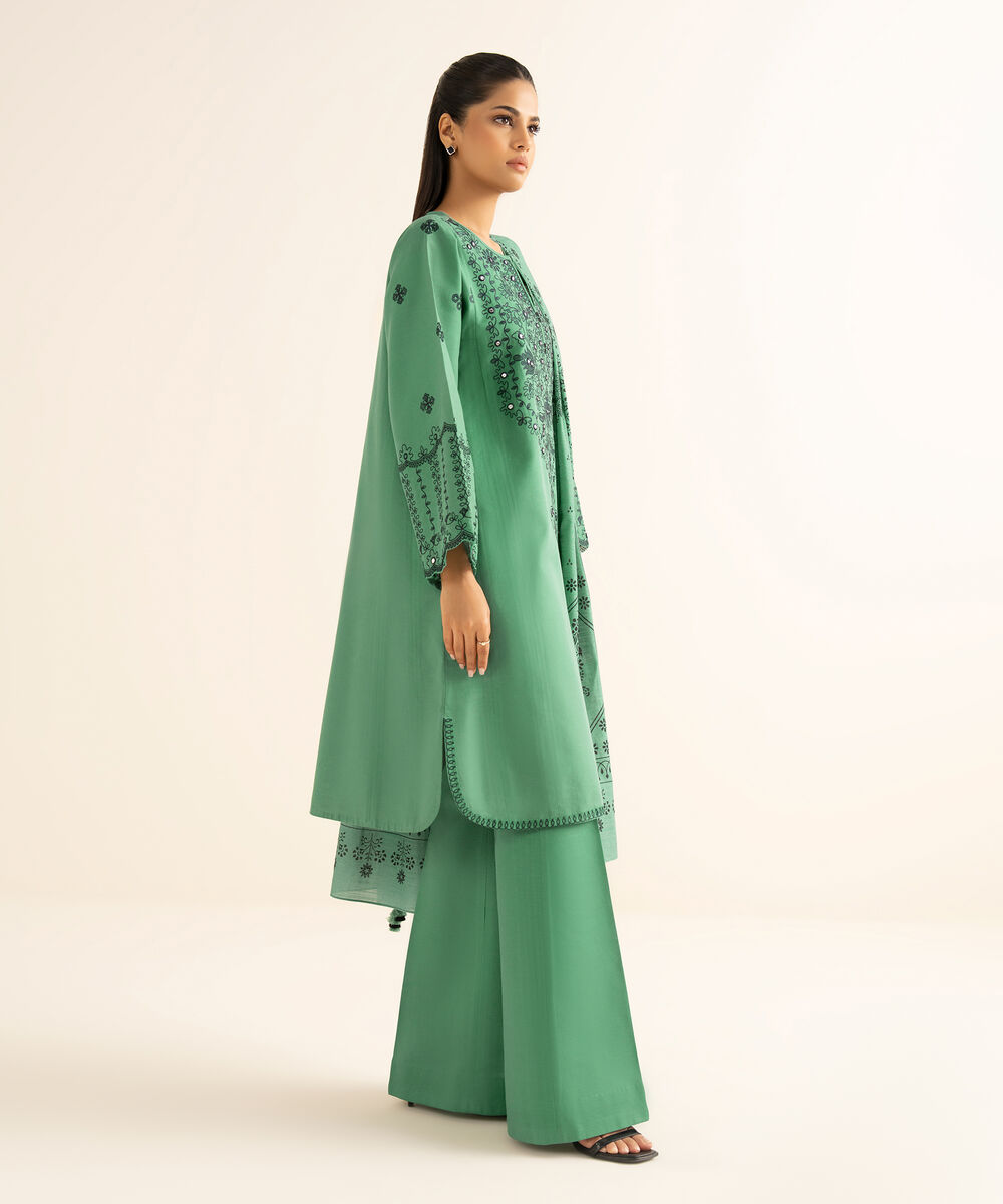 Women's Unstitched Cotton Embroidered Green 3 Piece Suit