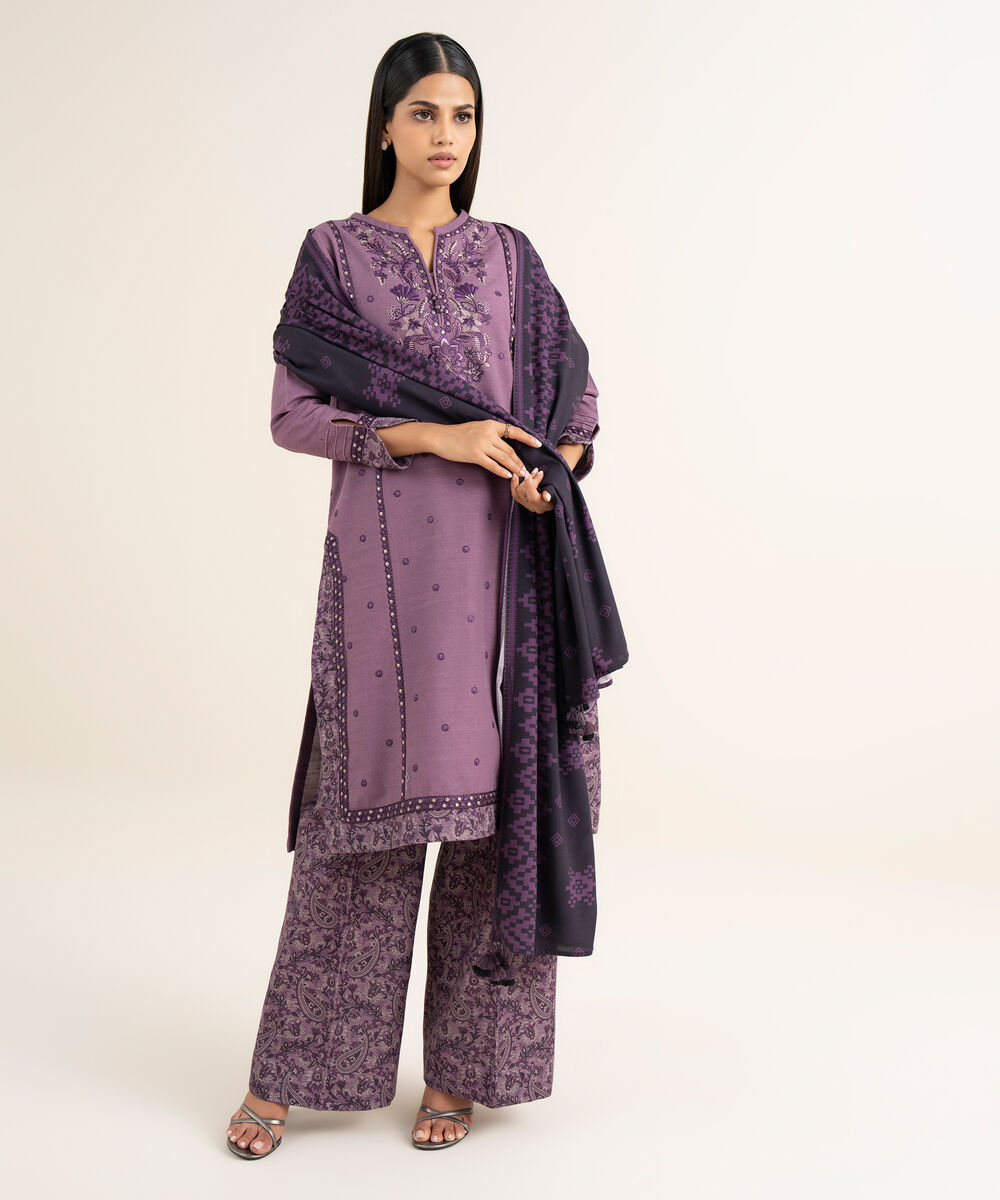 Women's Unstitched Khaddar Embroidered Purple 3 Piece Suit