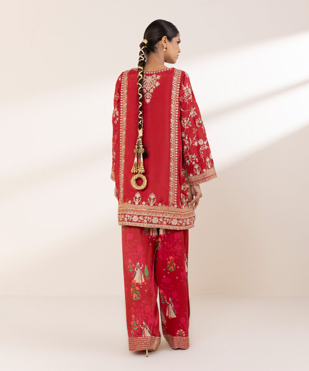 Women's RTW Viscose Raw Silk Red Embroidered Two Piece Suit