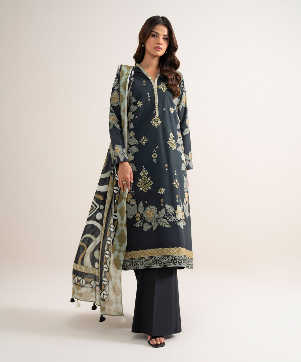 Women's Unstitched Printed Lawn Black 3 Piece Suit
