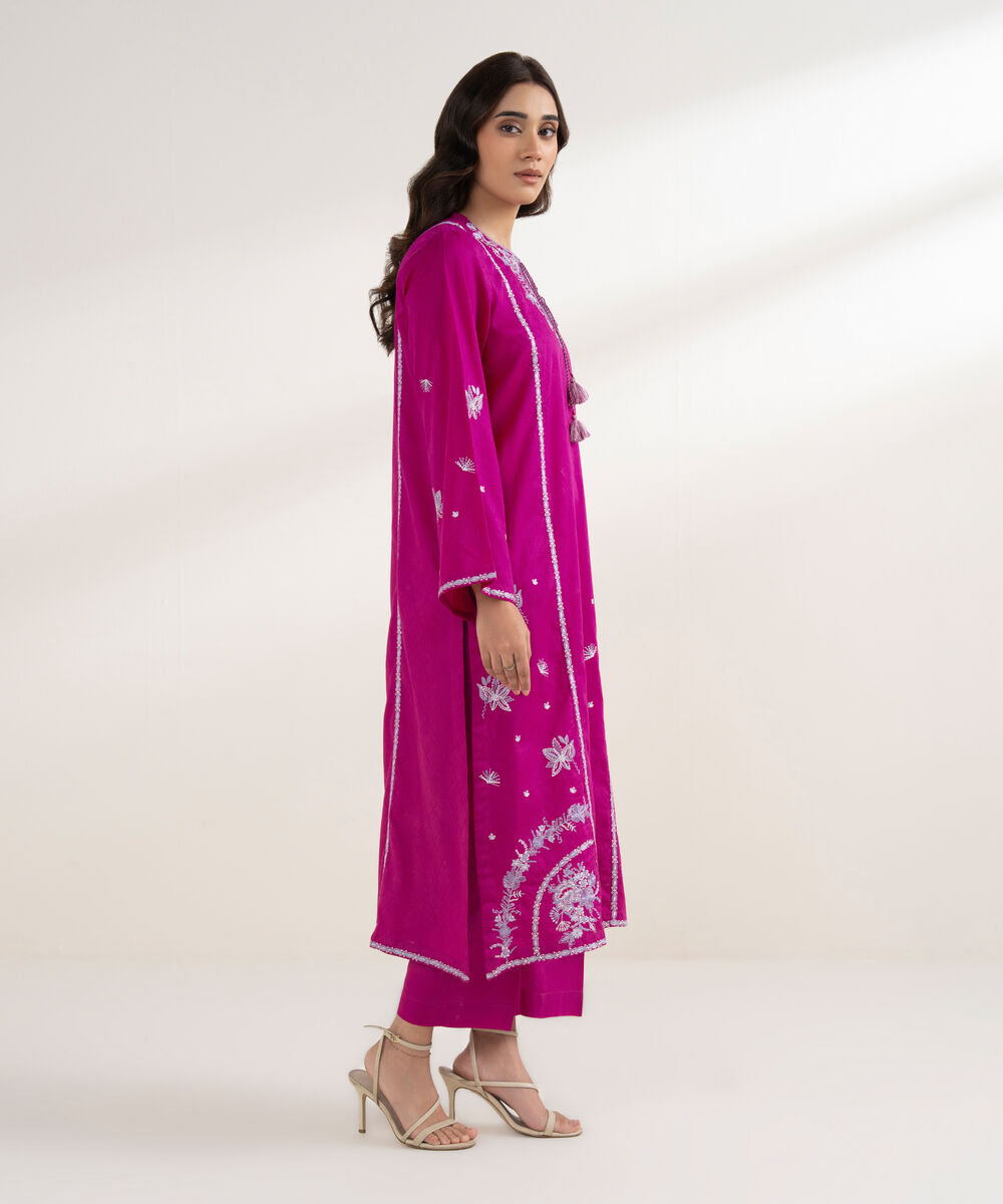 Women's RTW Self Jacquard Embroidered A-Line Pink Shirt