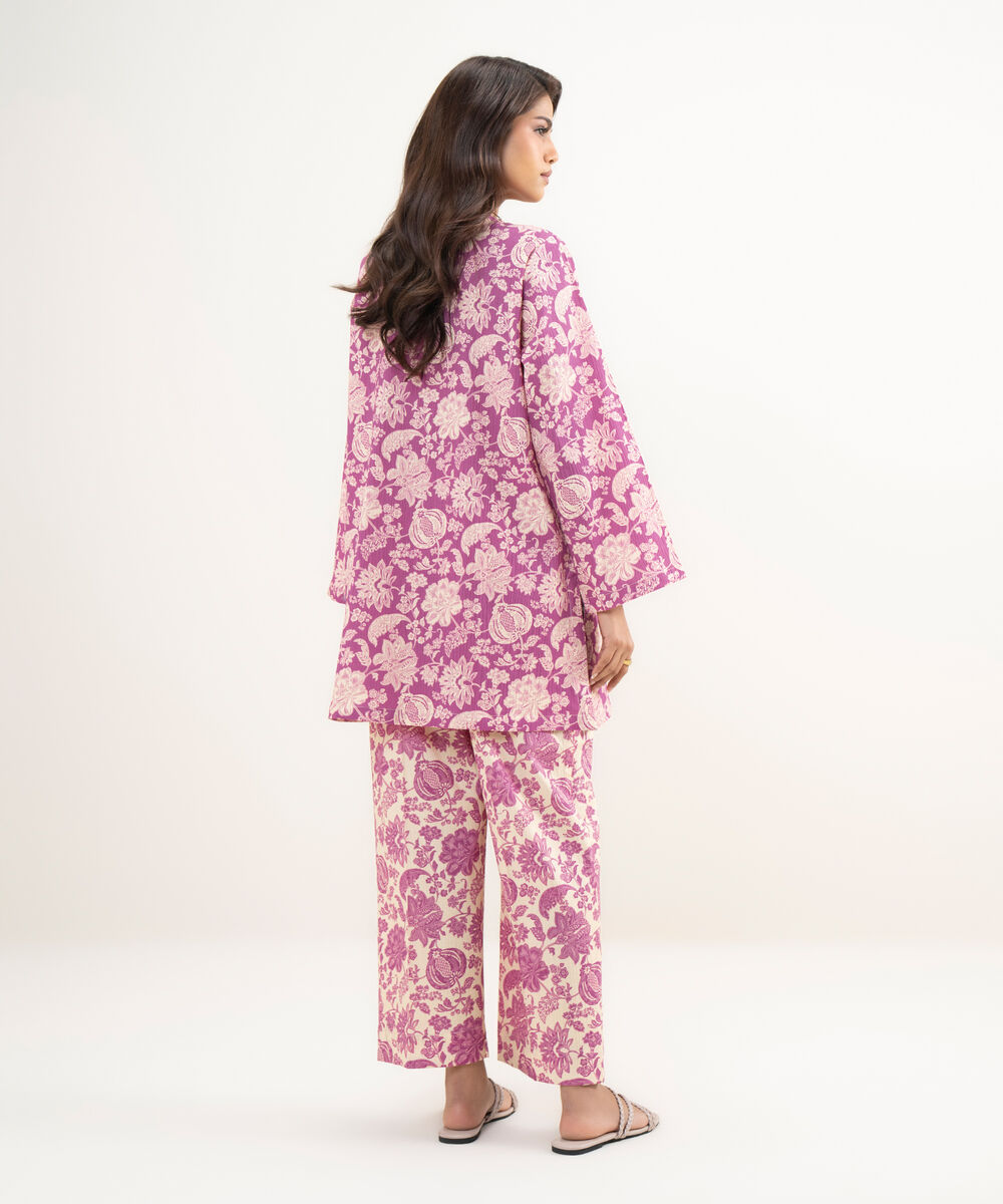 Women's RTW Seersucker Printed Purple Straight Shirt