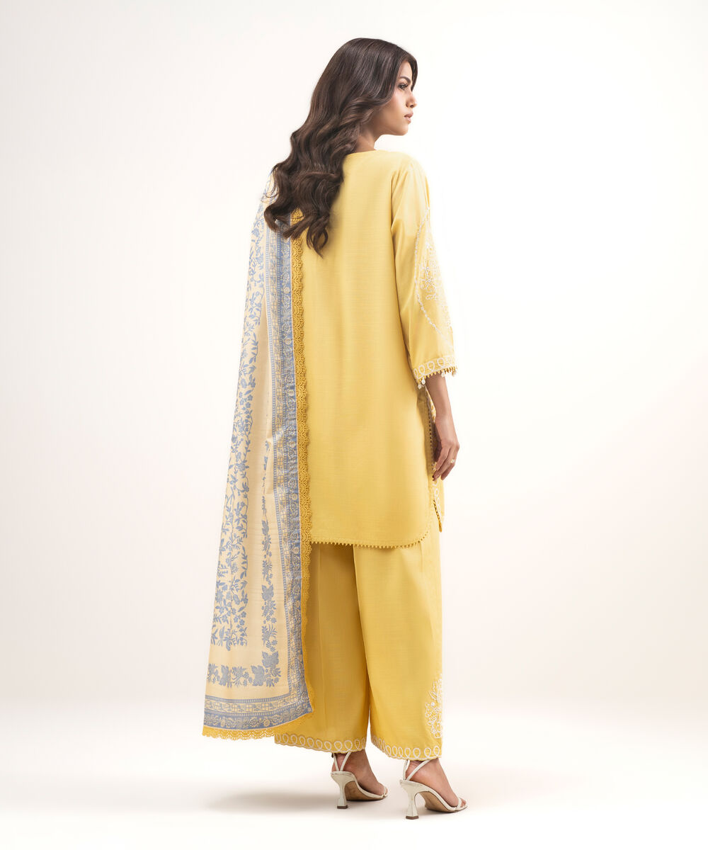 Women's RTW Raw Silk Viscose Embroidered Yellow 3 Piece Suit