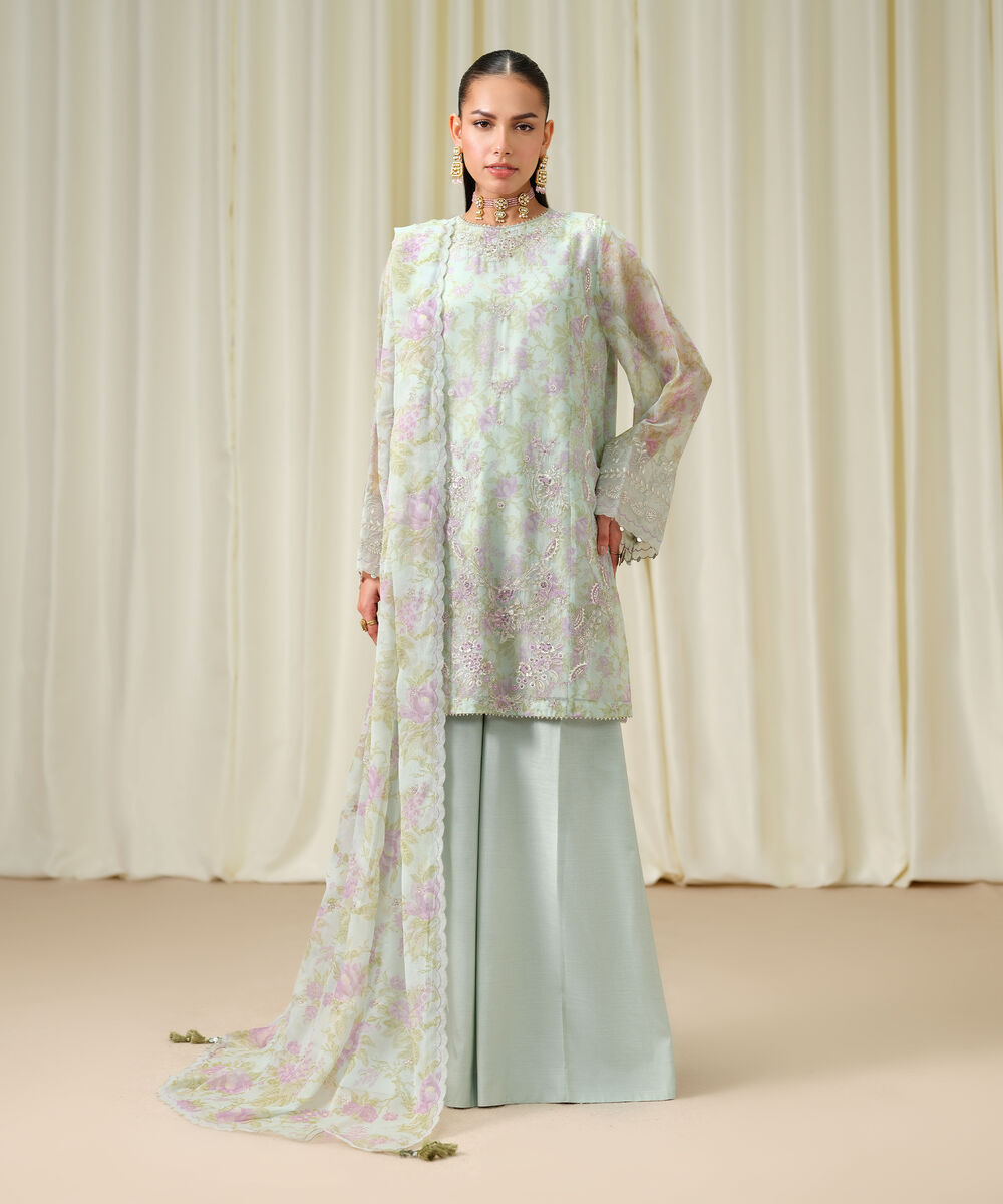 Women's Unstitched Blended Chiffon Embroidered Blue 3 Piece Suit