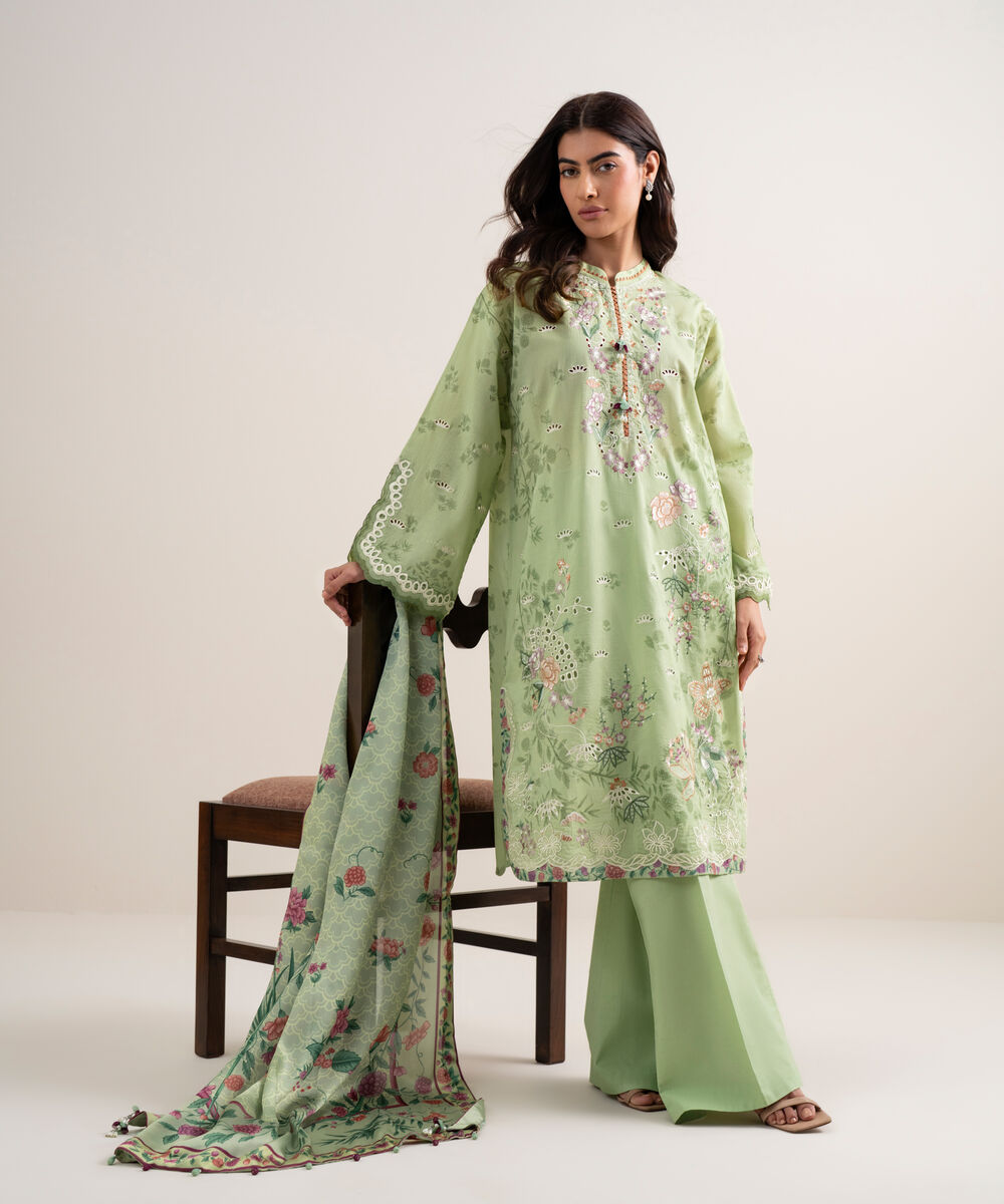 Women's Unstitched Lawn Embroidered Pistachio 3 Piece Suit