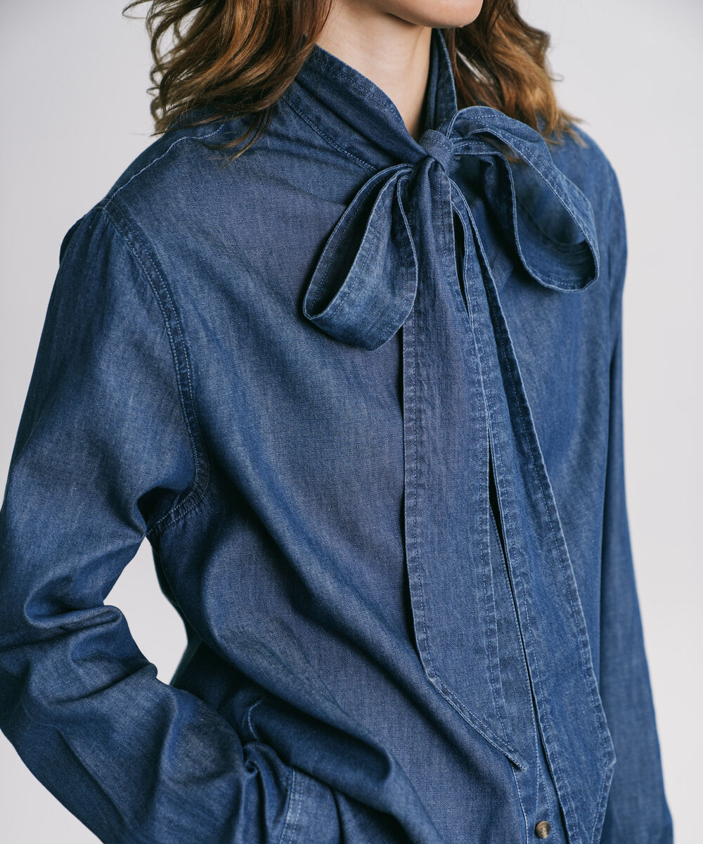 Women's Western Wear Blue Denim Shirt With Self-Tie Fastening