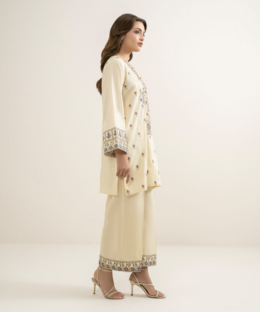 Women's RTW Dobby Embroidered Off White Straight Shirt