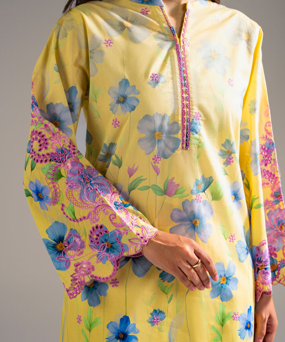 Women's RTW Lawn Embroidered Pale Yellow Straight Shirt