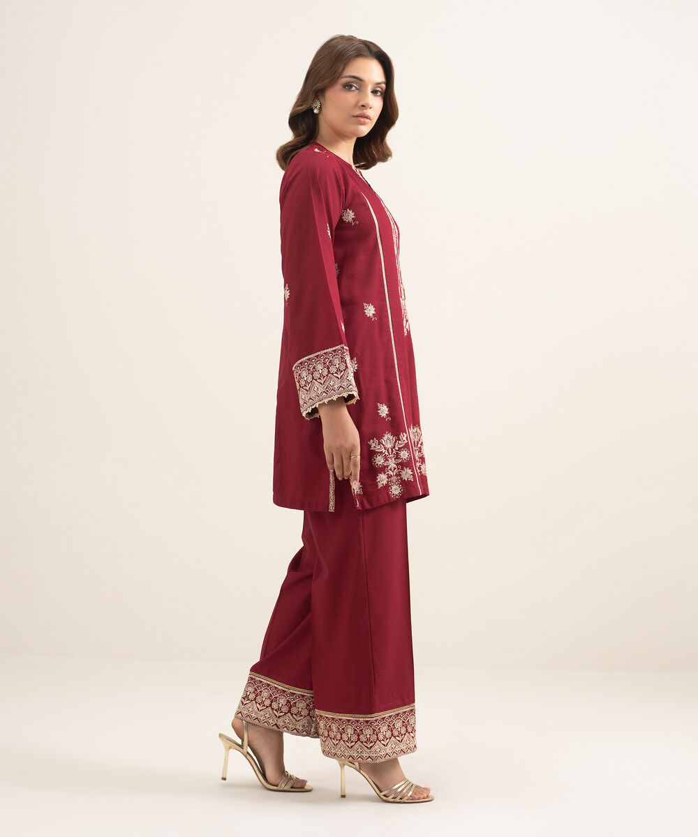 Women's RTW Dobby Embroidered Red Straight Shirt