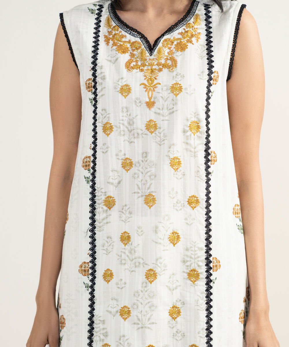 Women's RTW Cotton Embroidered White 3 Piece Suit