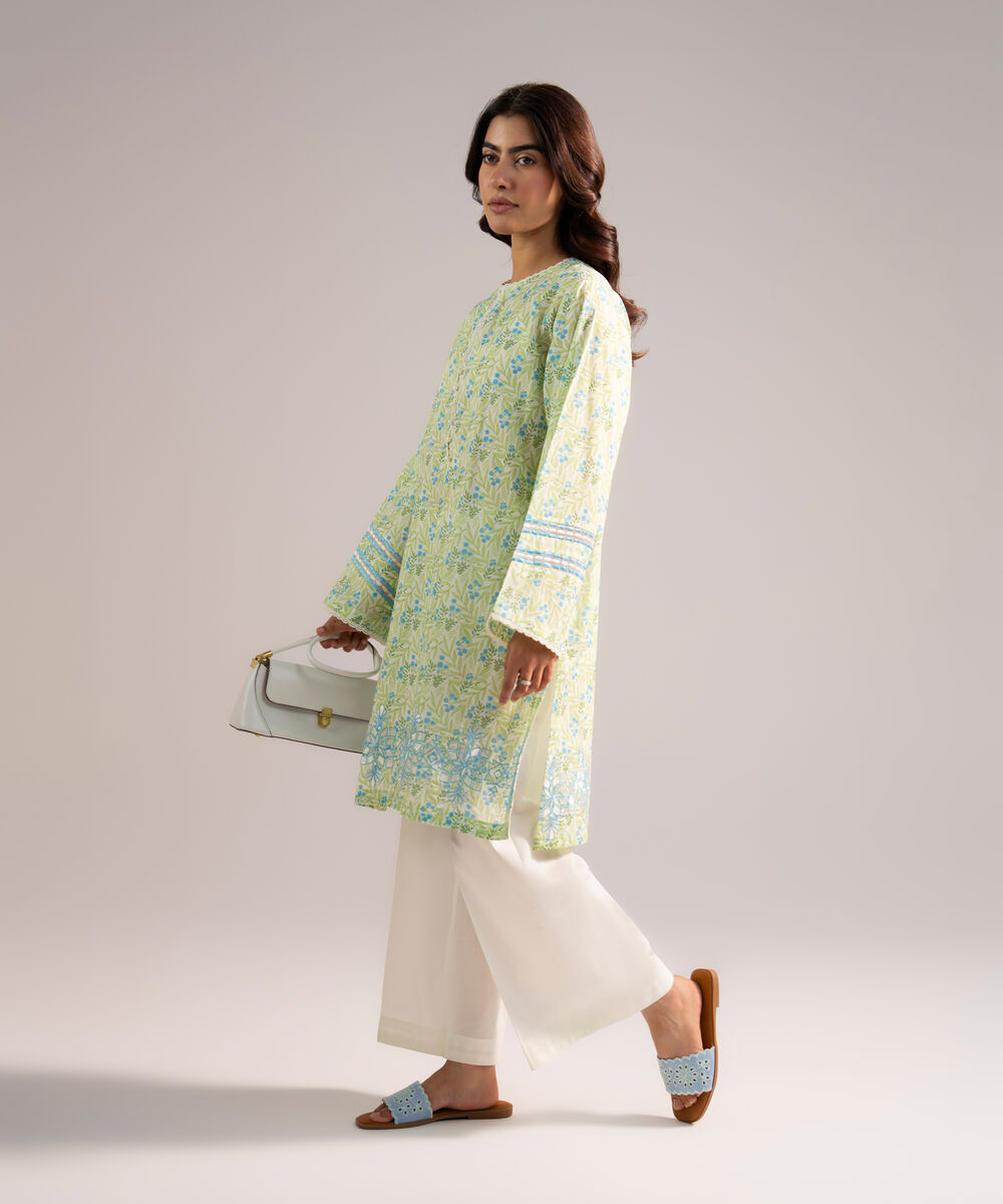 Women's RTW Lawn Embroidered Green Straight Shirt