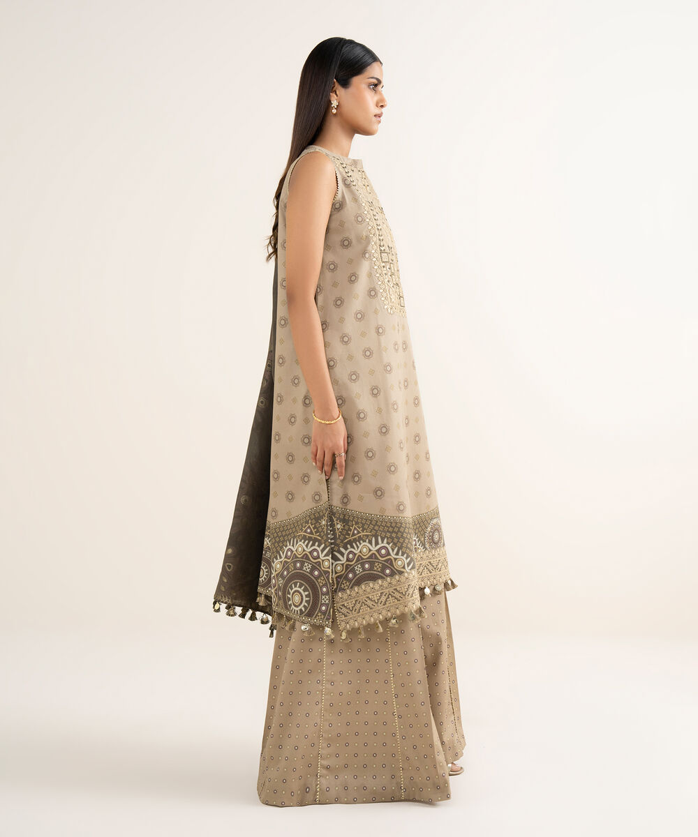 Women's Unstitched Fine Cotton Satin Embroidered Beige  3 Piece Suit