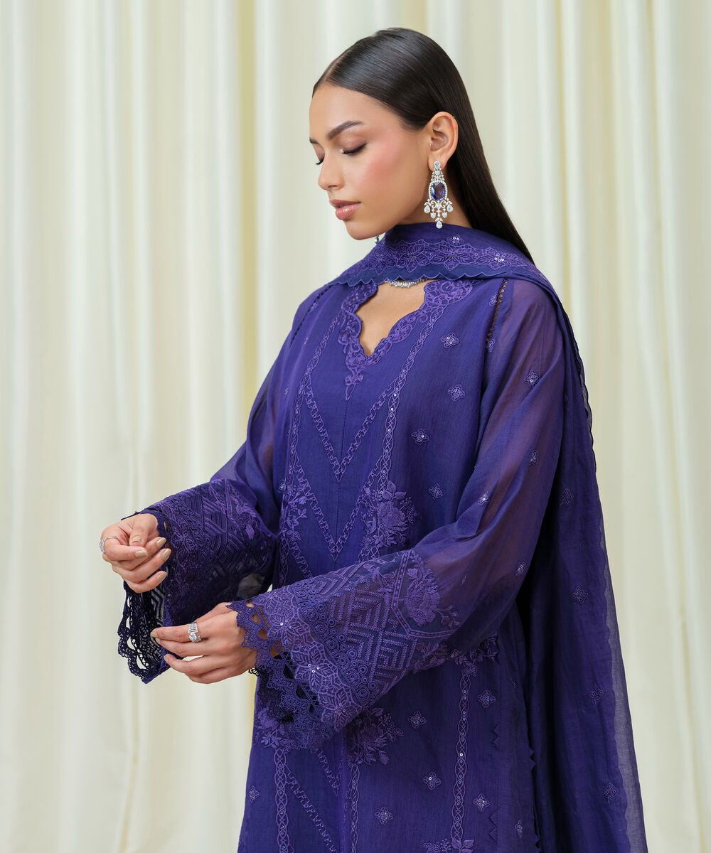 Women's Unstitched Blended Muslin Embroidered Purple 3 Piece Suit