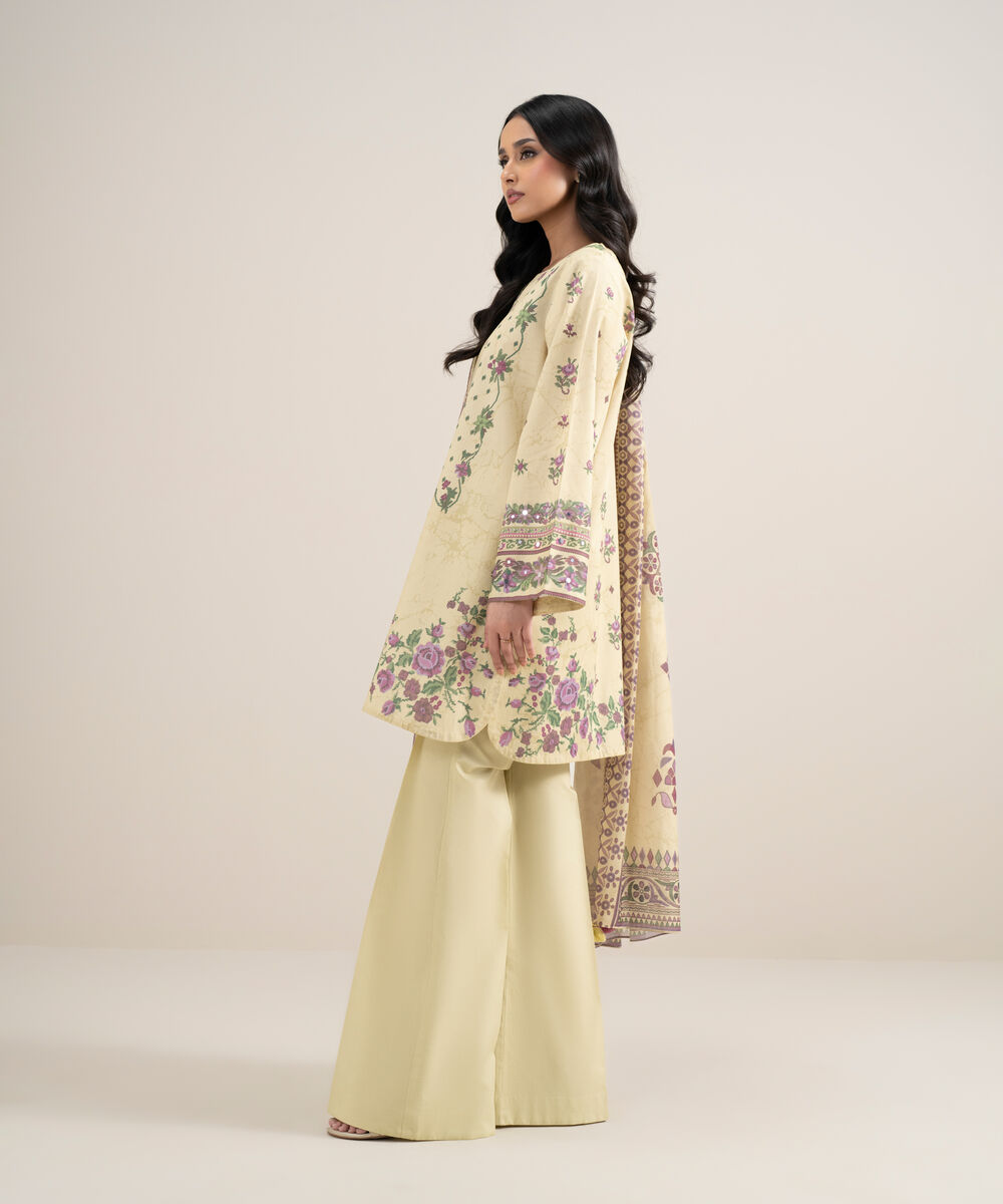 Women's Unstitched Lawn Printed Light Yellow 3 Piece Suit