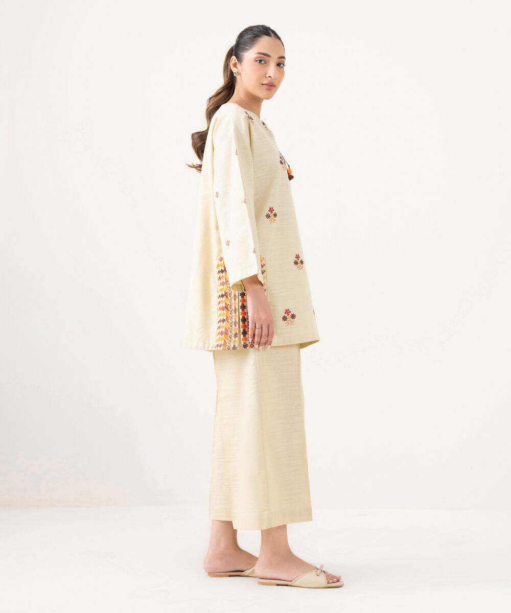 Women's RTW Cotton Embroidered Beige Straight Shirt