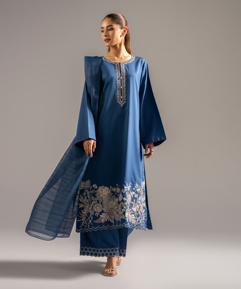 Women's RTW Cotton Satin Embroidered Dark Blue 3 Piece Suit