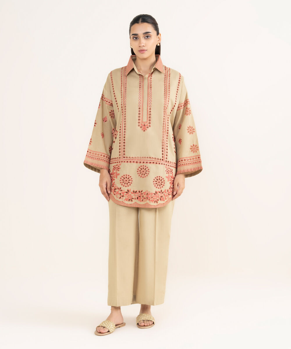 Women's RTW Cross Hatch Beige Embroidered Boxy Shirt
