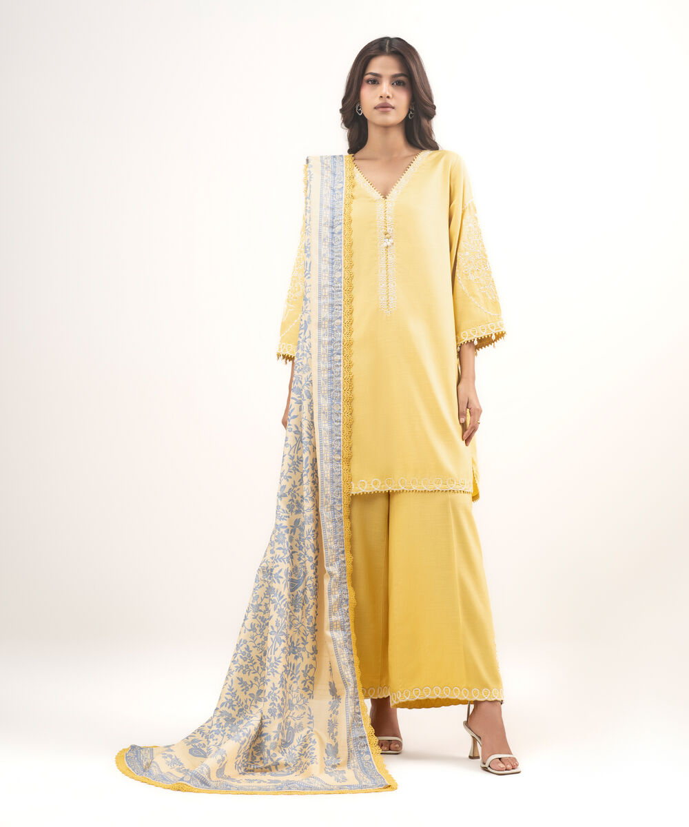 Women's RTW Raw Silk Viscose Embroidered Yellow 3 Piece Suit