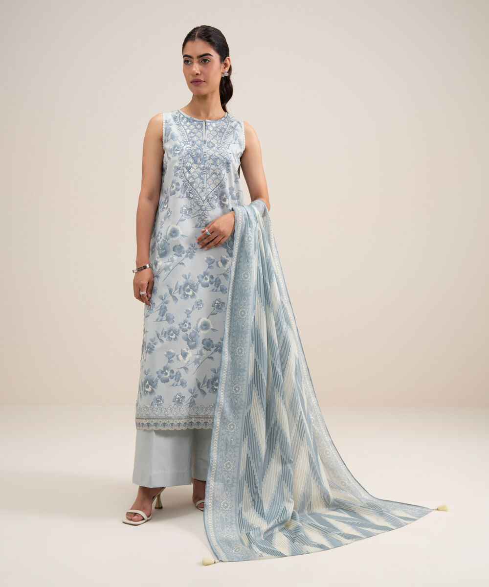 Women's Unstitched Lawn Embroidered Light Grey 3 Piece Suit